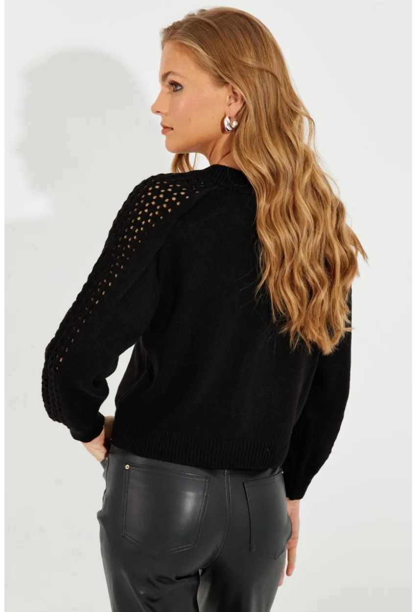 Kadın Siyah Kolları Ajurlu Fermuarlı Triko Ceket KZ2491