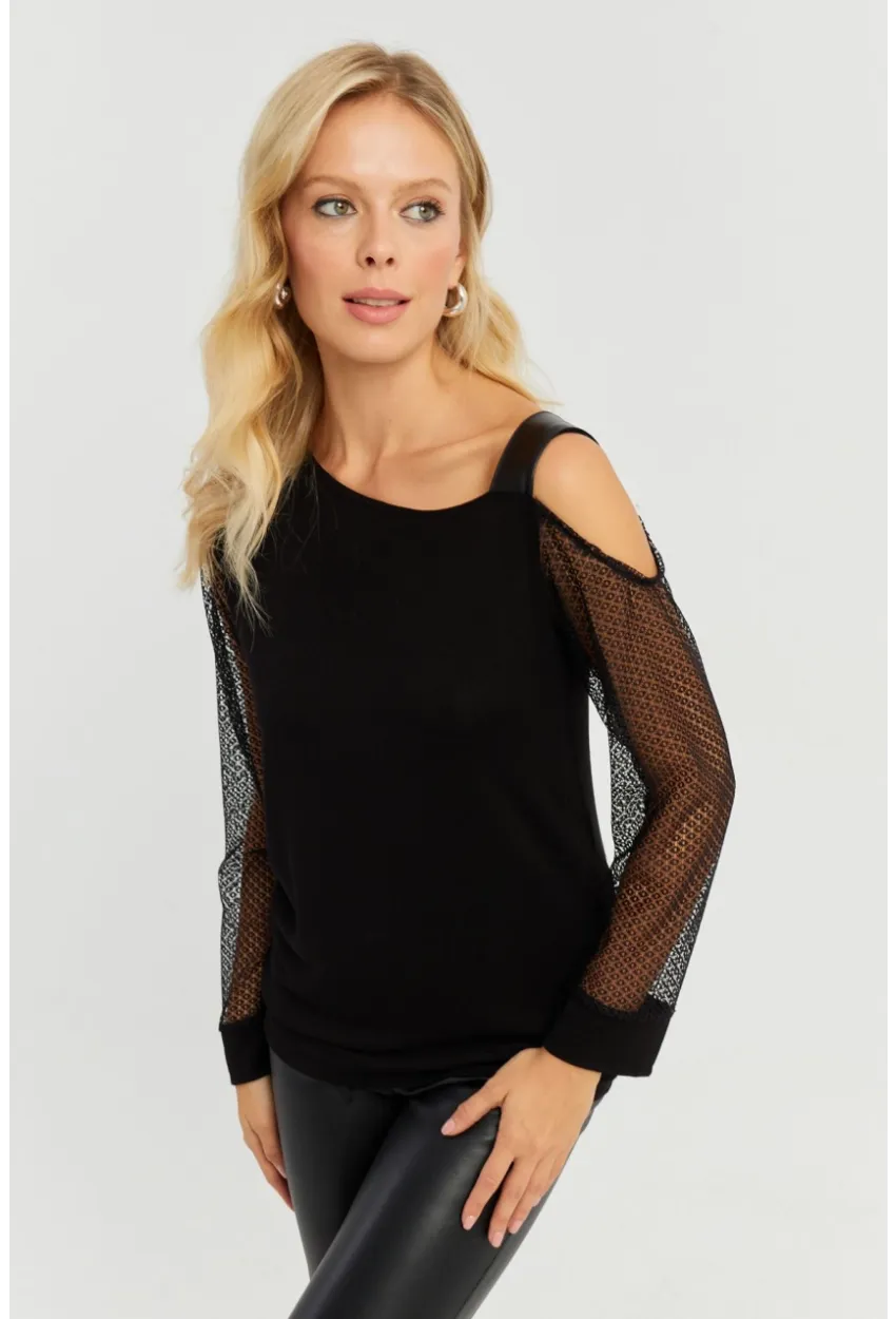 Kadın Siyah Kolları Dantel Bluz ST6022