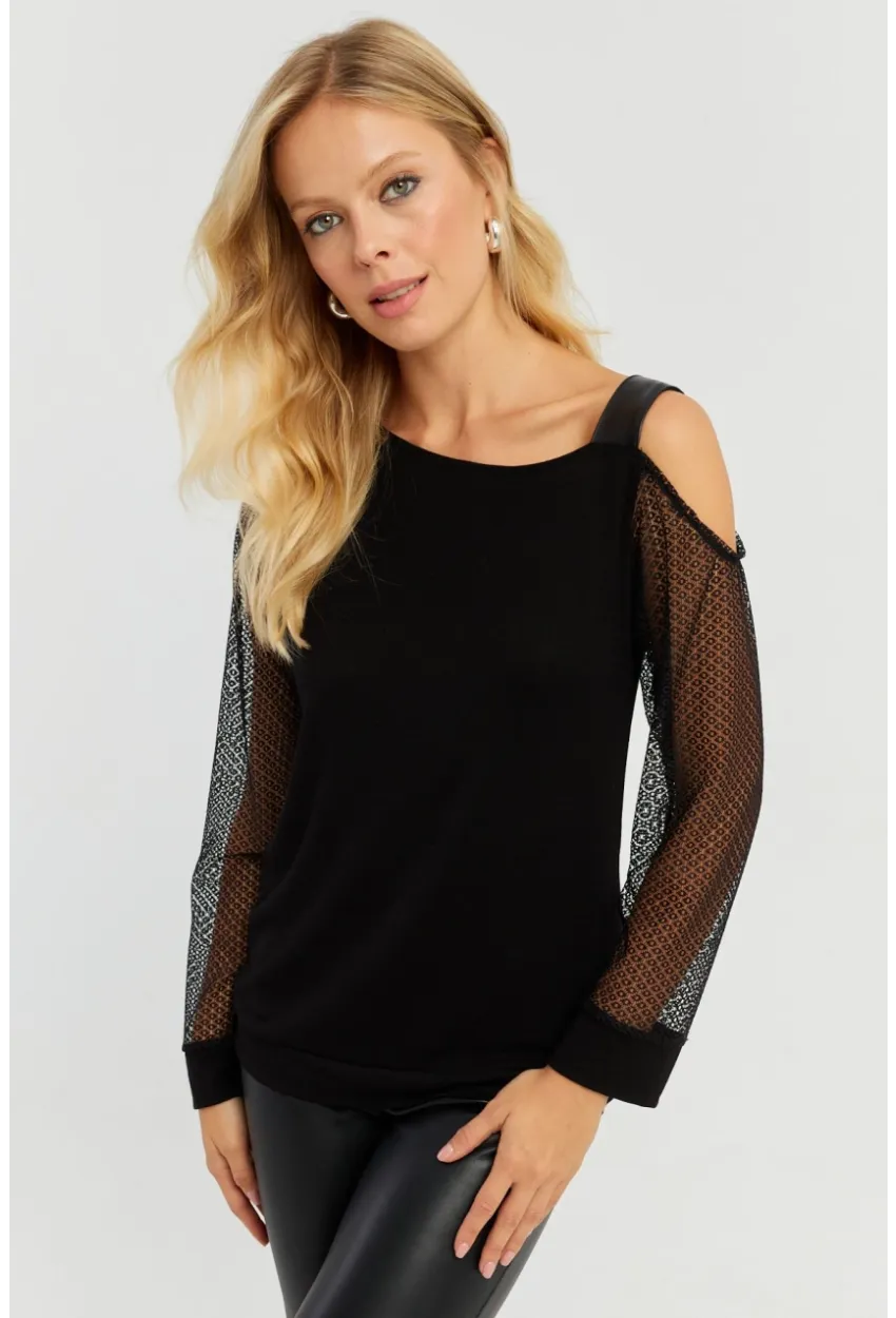 Kadın Siyah Kolları Dantel Bluz ST6022