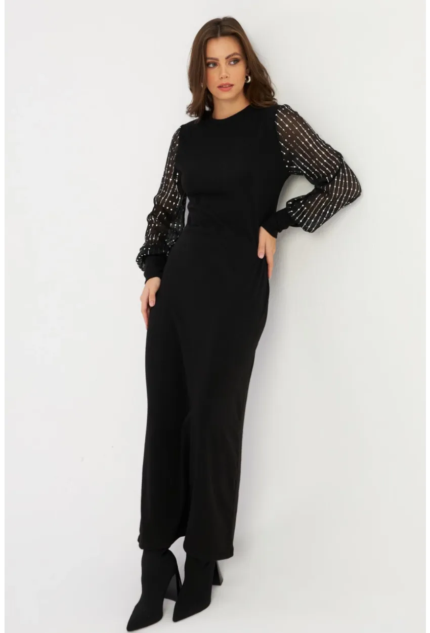 Kadın Siyah Kolları Parlak Tül Detaylı Maxi Elbise MBK56