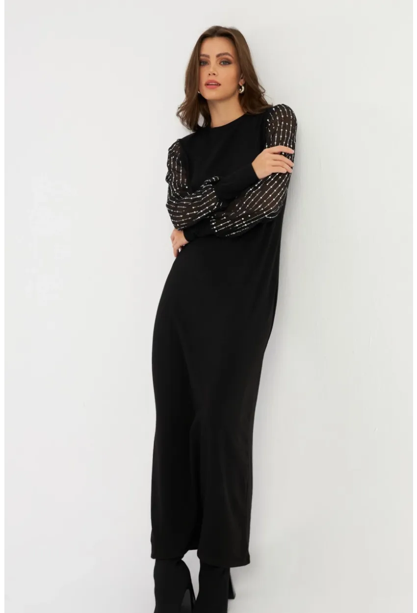 Kadın Siyah Kolları Parlak Tül Detaylı Maxi Elbise MBK56