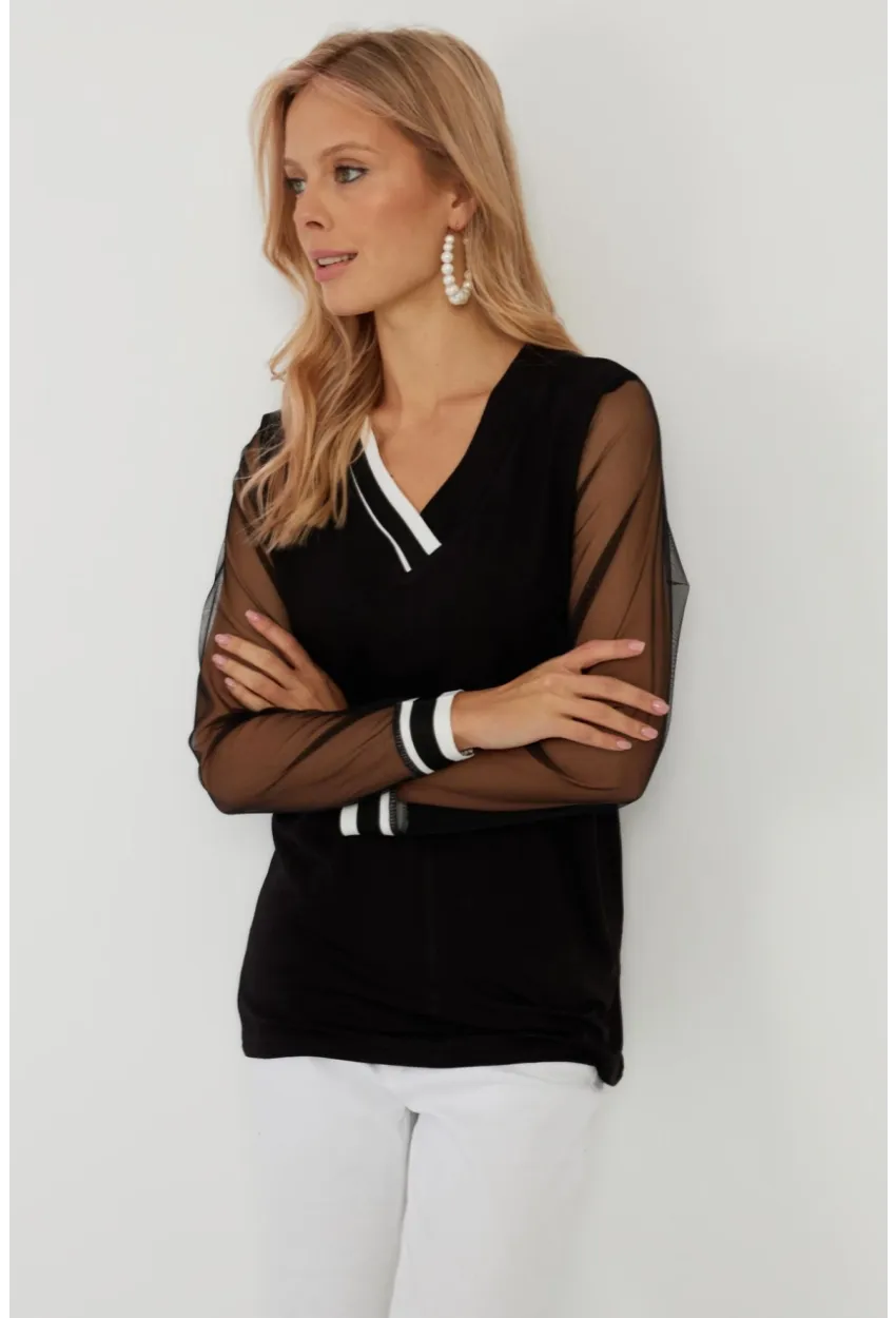 Kadın Siyah Kolları Tül Bluz ST832