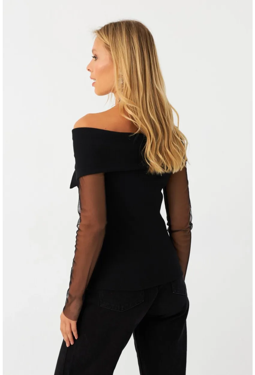 Kadın Siyah Kolları Tül Kaşkorse Bluz EY3001