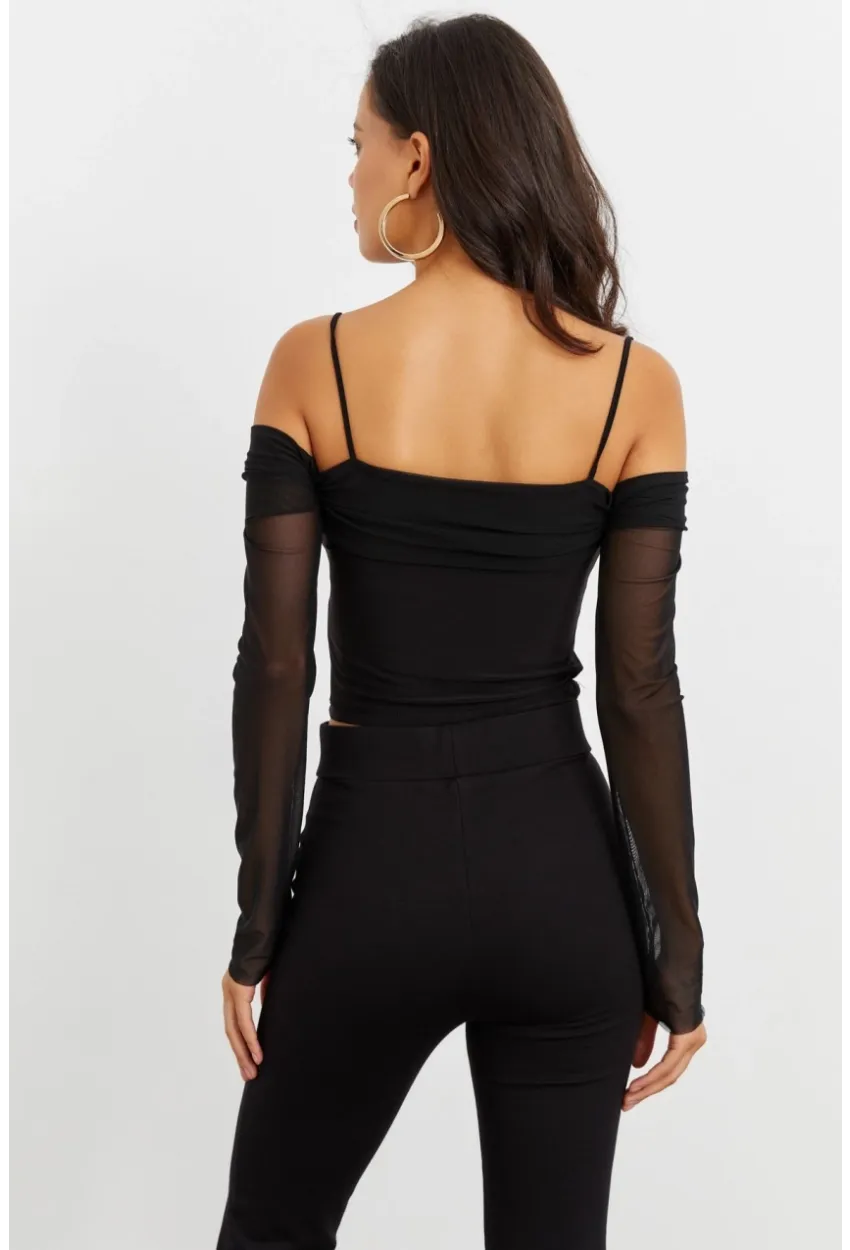 Kadın Siyah Kolları Tül Madonna Yaka Crop Bluz B1927