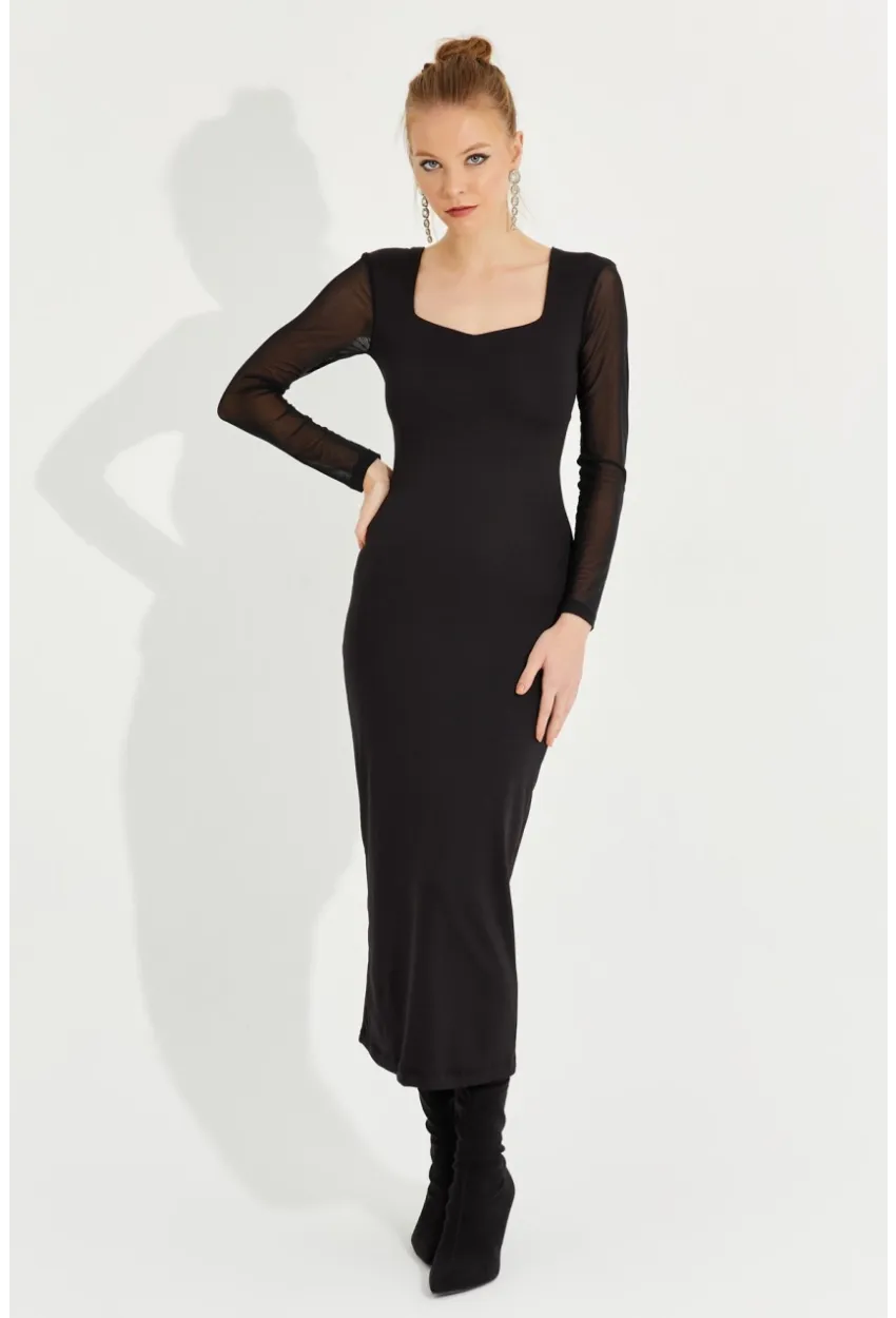 Kadın Siyah Kolları Tül Midi Elbise EY2599