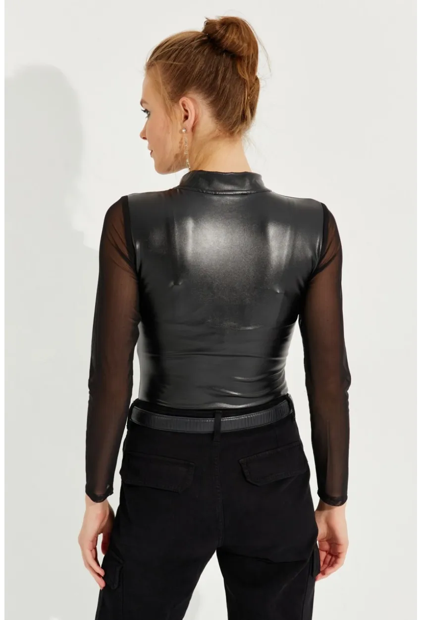 Kadın Siyah Kolları Tül Suni Deri Body NH74