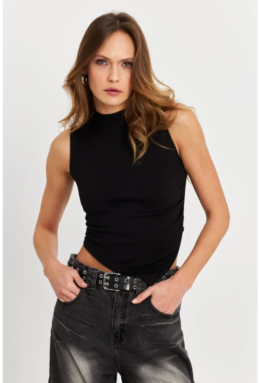 Kadın Siyah Kolsuz Crop Bluz ZH07