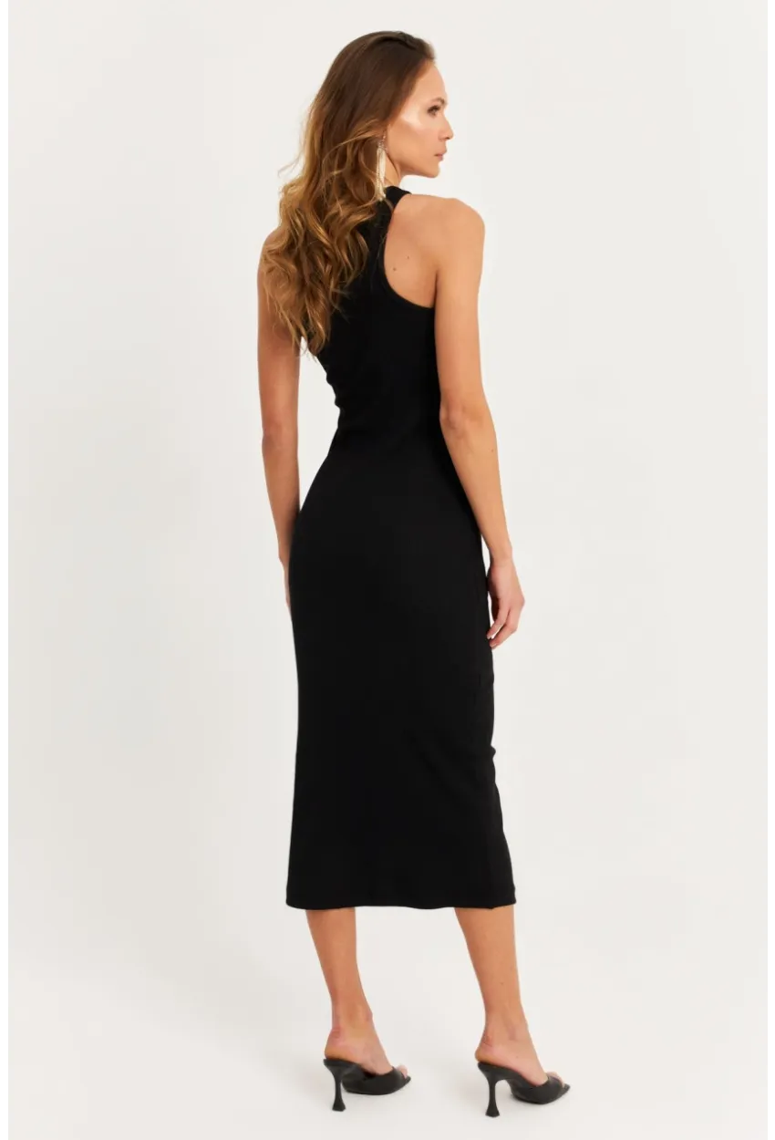 Kadın Siyah Kolsuz Kaşkorse Midi Elbise EY3049