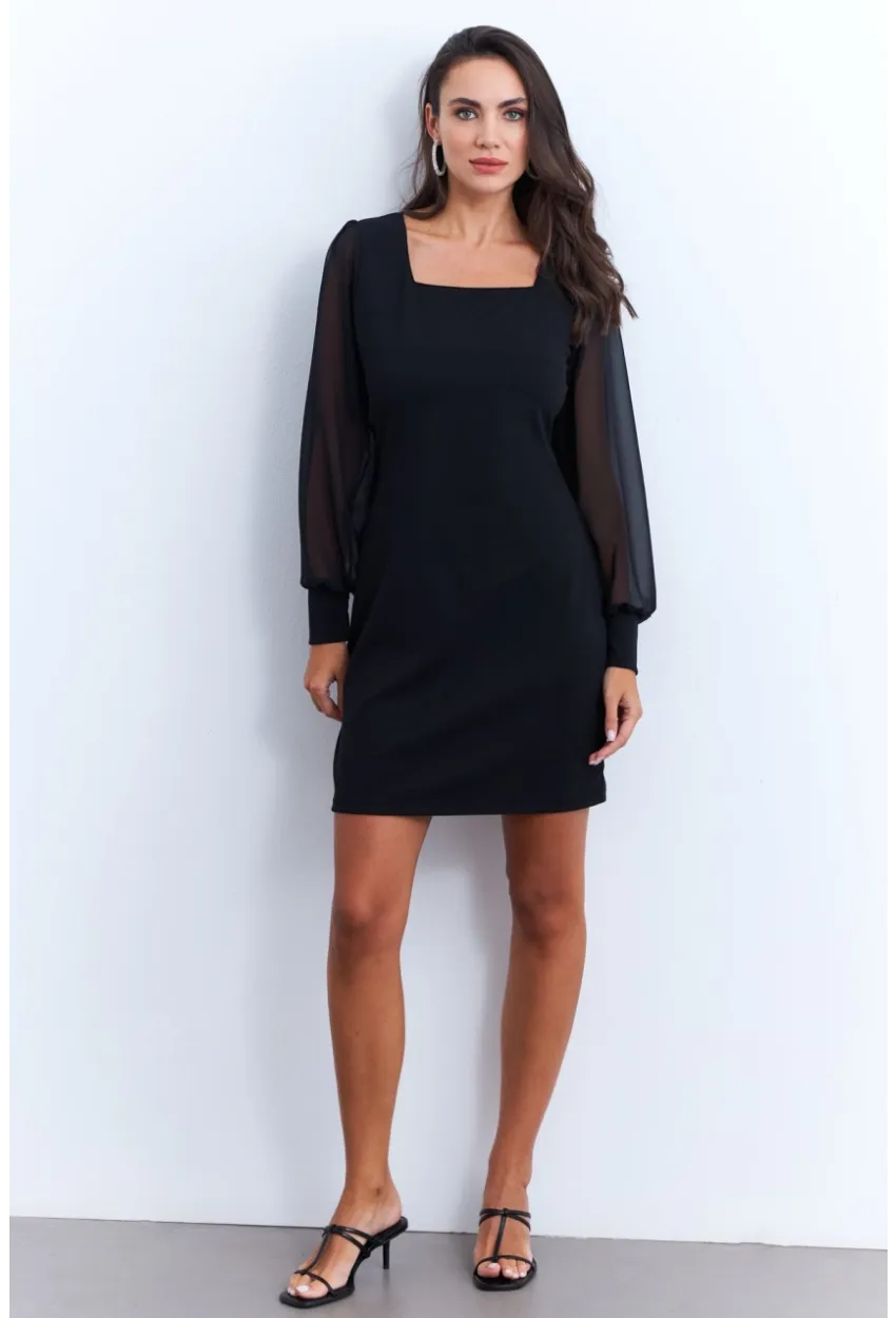 Kadın Siyah Kolu Tül Kare Yaka Midi Elbise ST841