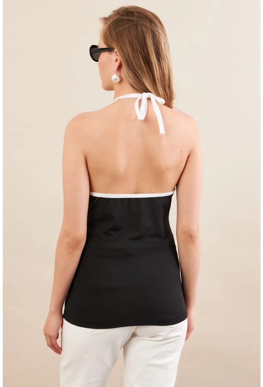 Kadın Siyah Kontrast Biyeli V Yaka Bluz EY3103