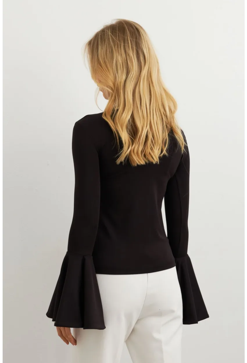 Kadın Siyah Kontrast Çan Kollu Bluz EY3013