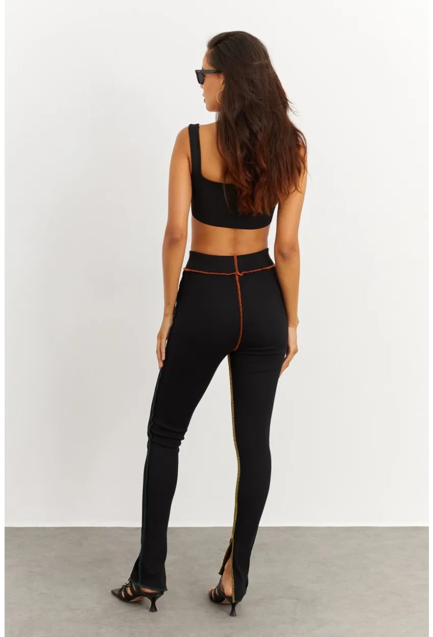 Kadın Siyah Kontrast Dikişli Kaşkorse Tayt B223