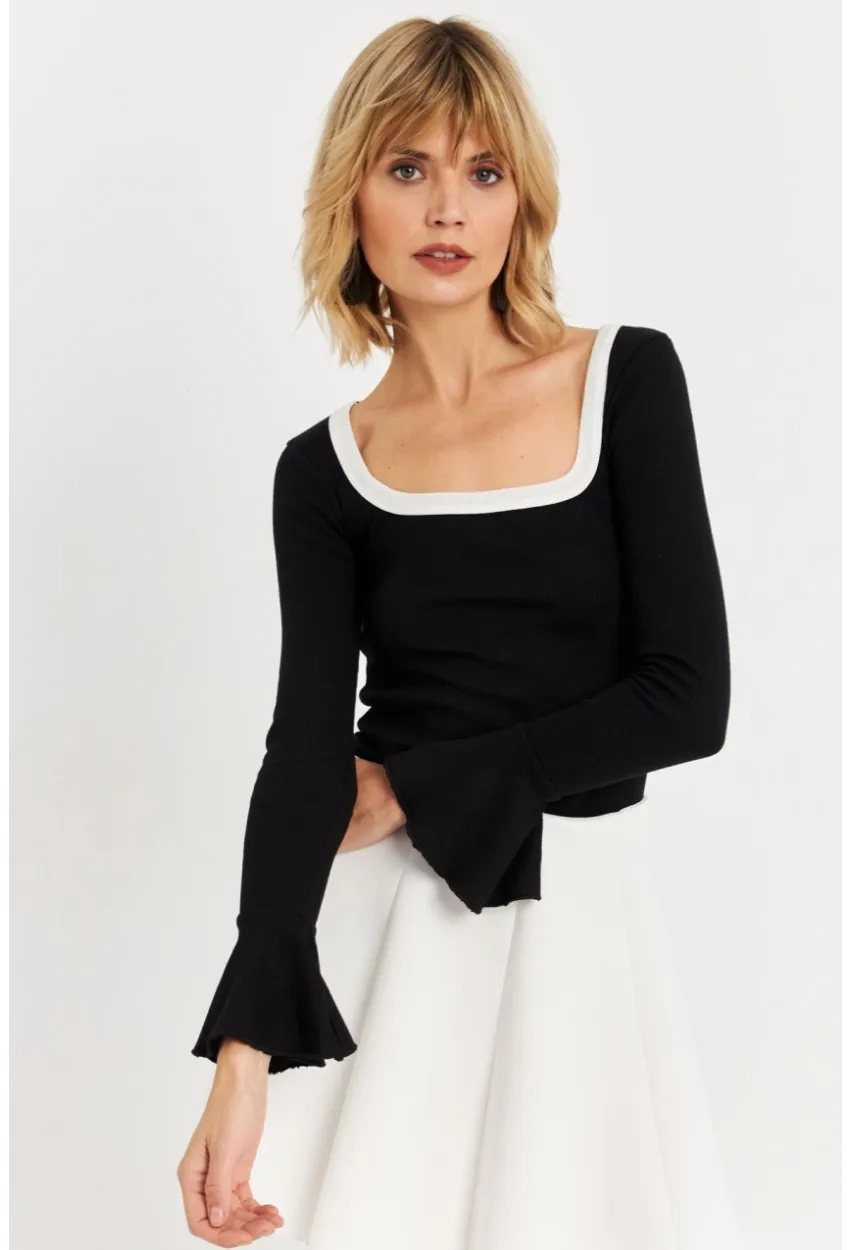 Kadın Siyah Kontrast Yaka İspanyol Kol Bluz ALB3105