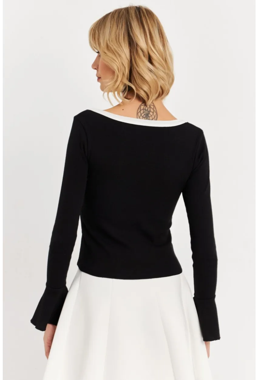 Kadın Siyah Kontrast Yaka İspanyol Kol Bluz ALB3105