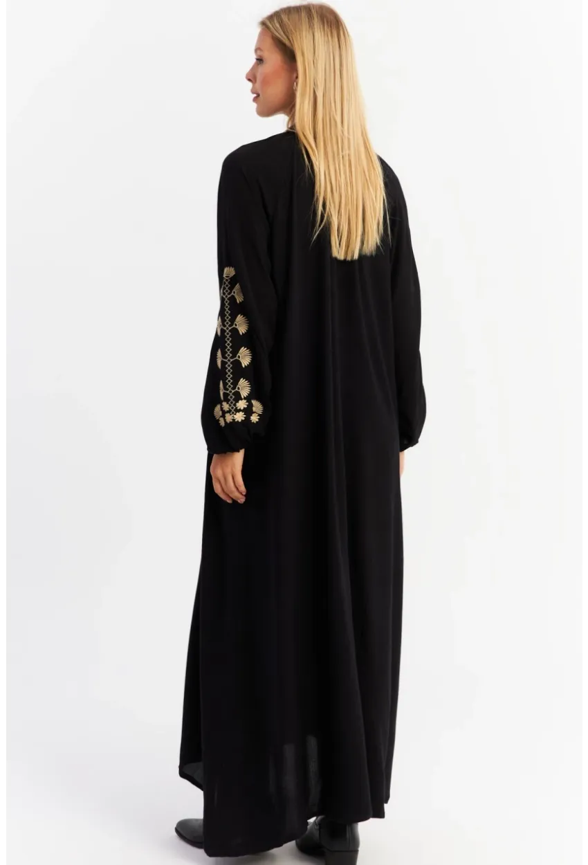 Kadın Siyah Kordon Detaylı Nakışlı Maxi Elbise MALO3