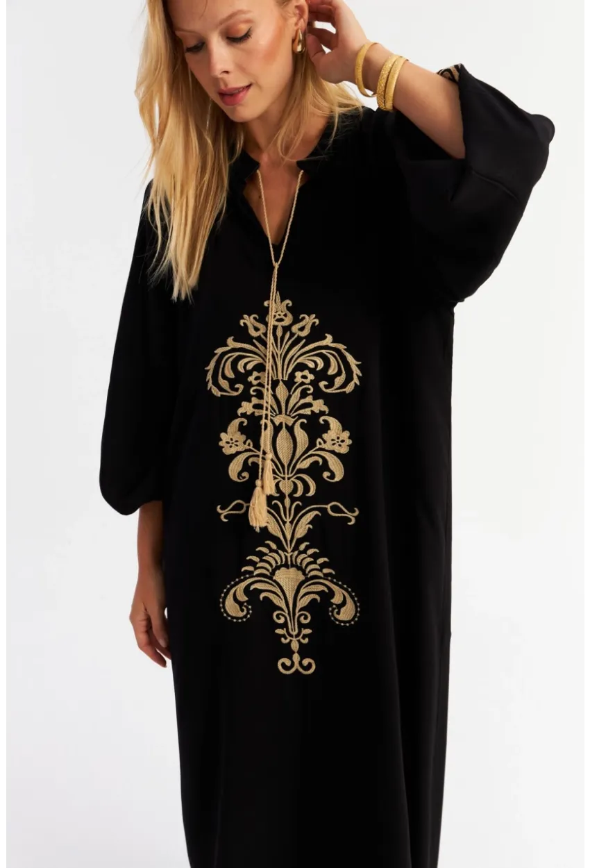 Kadın Siyah Kordon Detaylı Nakışlı Maxi Elbise MALO4