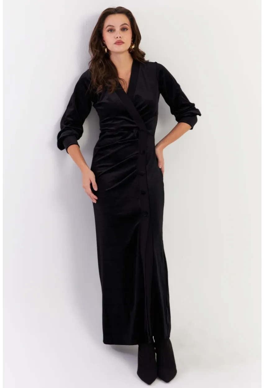 Kadın Siyah Kruvaze Büzgülü Kadife Maxi Elbise ALO1007