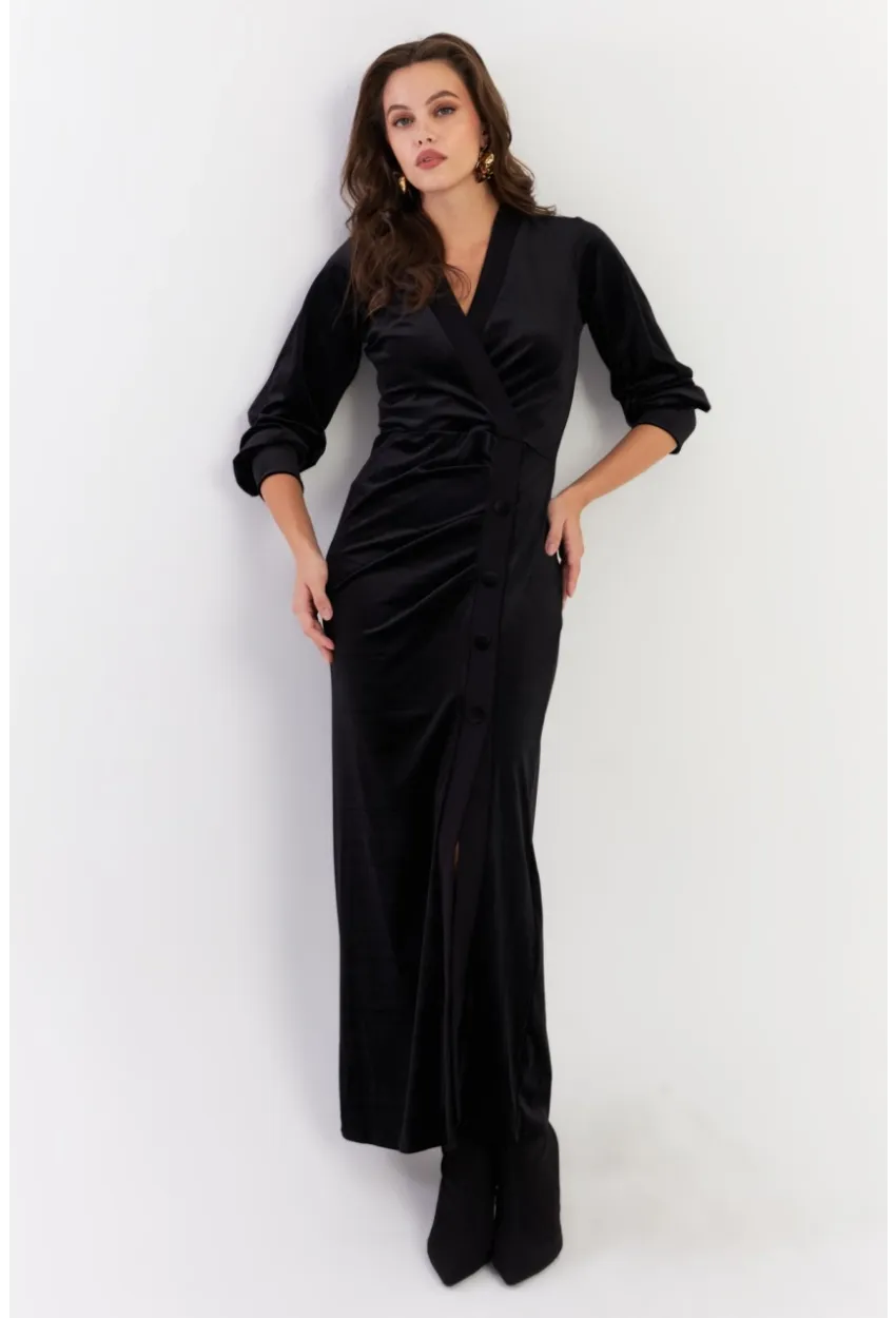 Kadın Siyah Kruvaze Büzgülü Kadife Maxi Elbise ALO1007-9