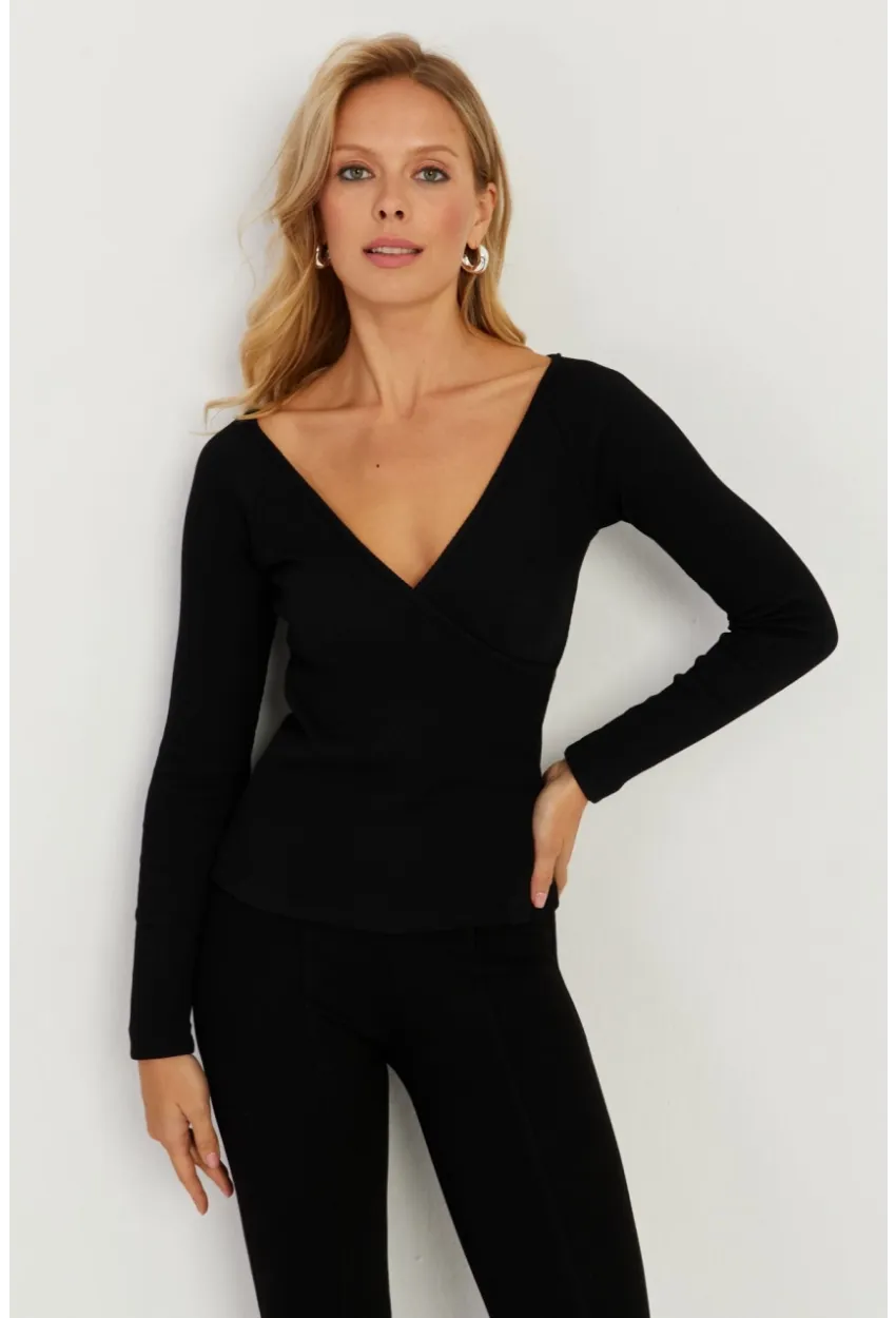 Kadın Siyah Kruvaze Kaşkorse Bluz EY2718