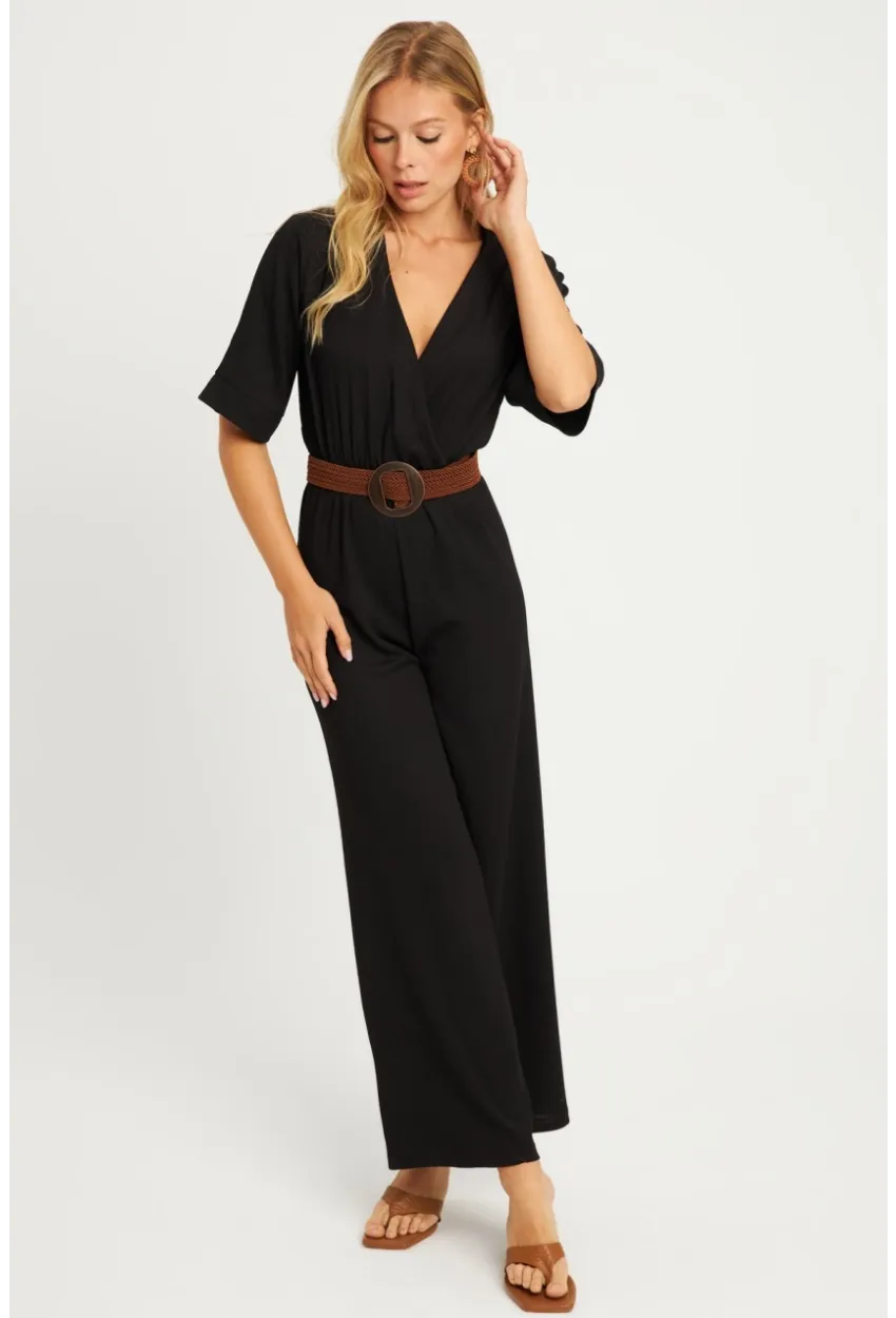 Kadın Siyah Kruvaze Kemerli Bürümcük Tulum XL2009