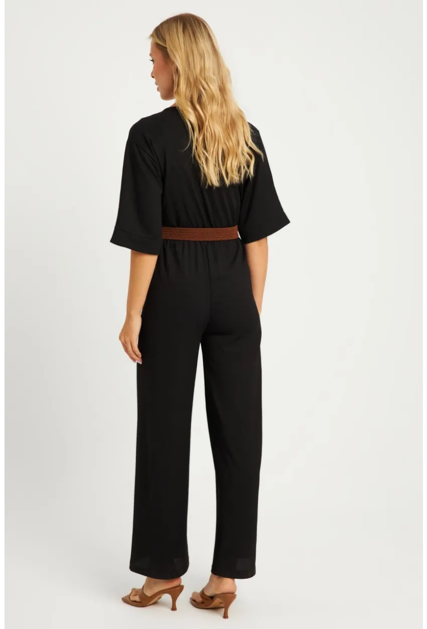 Kadın Siyah Kruvaze Kemerli Bürümcük Tulum XL2009