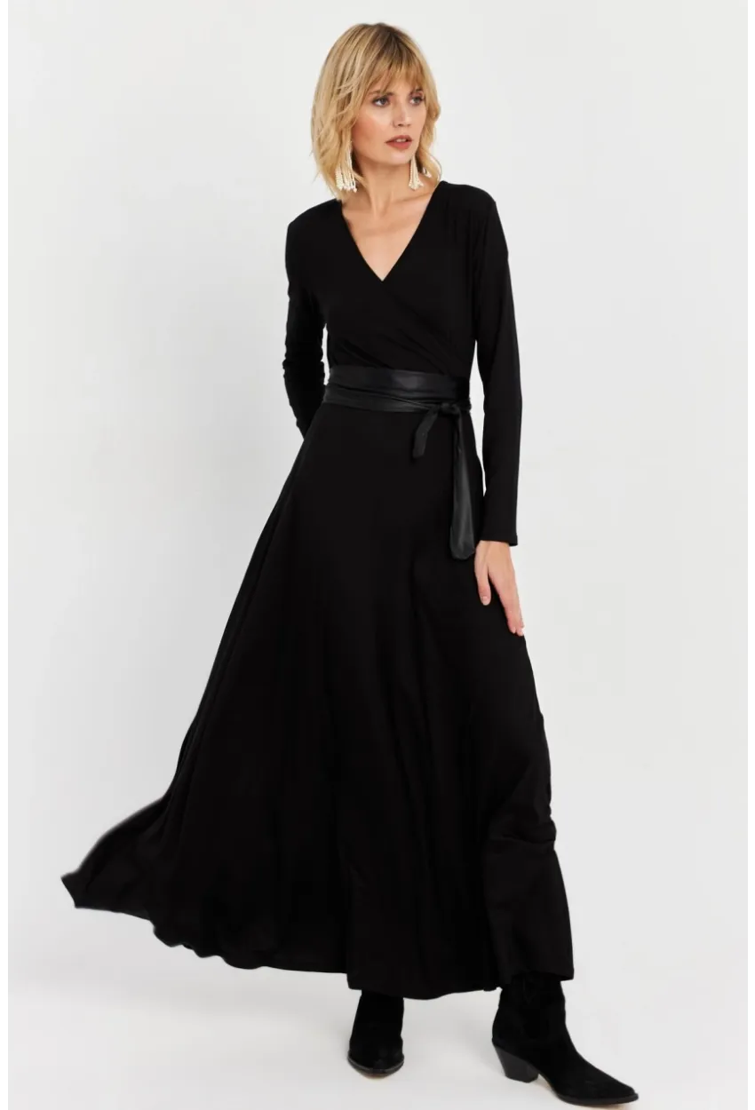 Kadın Siyah Kruvaze Maxi Elbise VTN3
