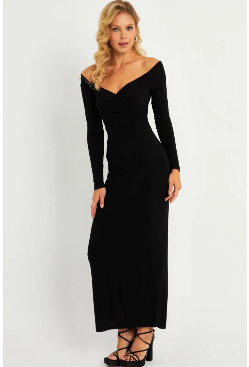 Kadın Siyah Kruvaze Midi Yılbaşı Elbise LİK04