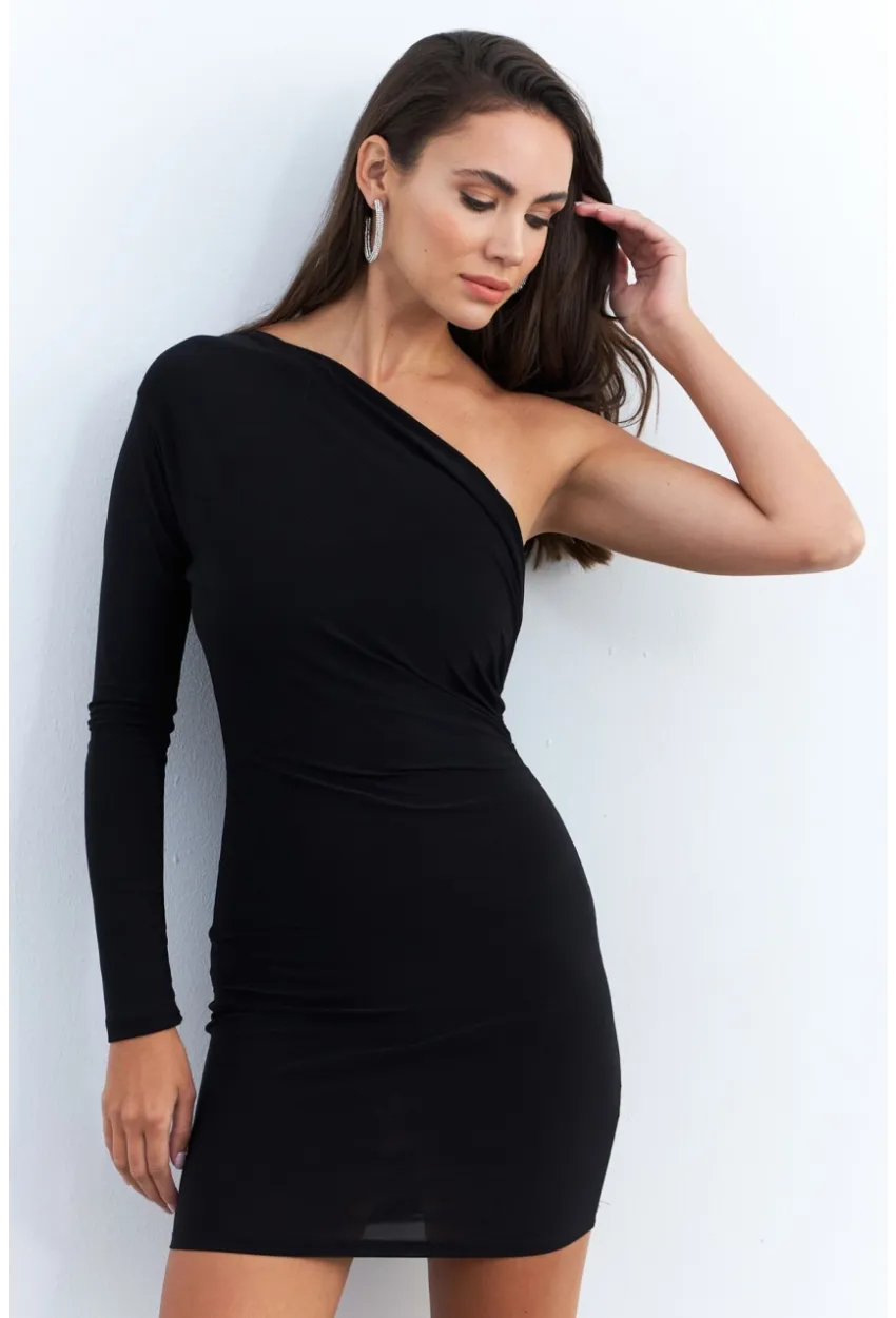 Kadın Siyah Kruvaze Tek Kol Mini Yılbaşı Elbise ELT4035