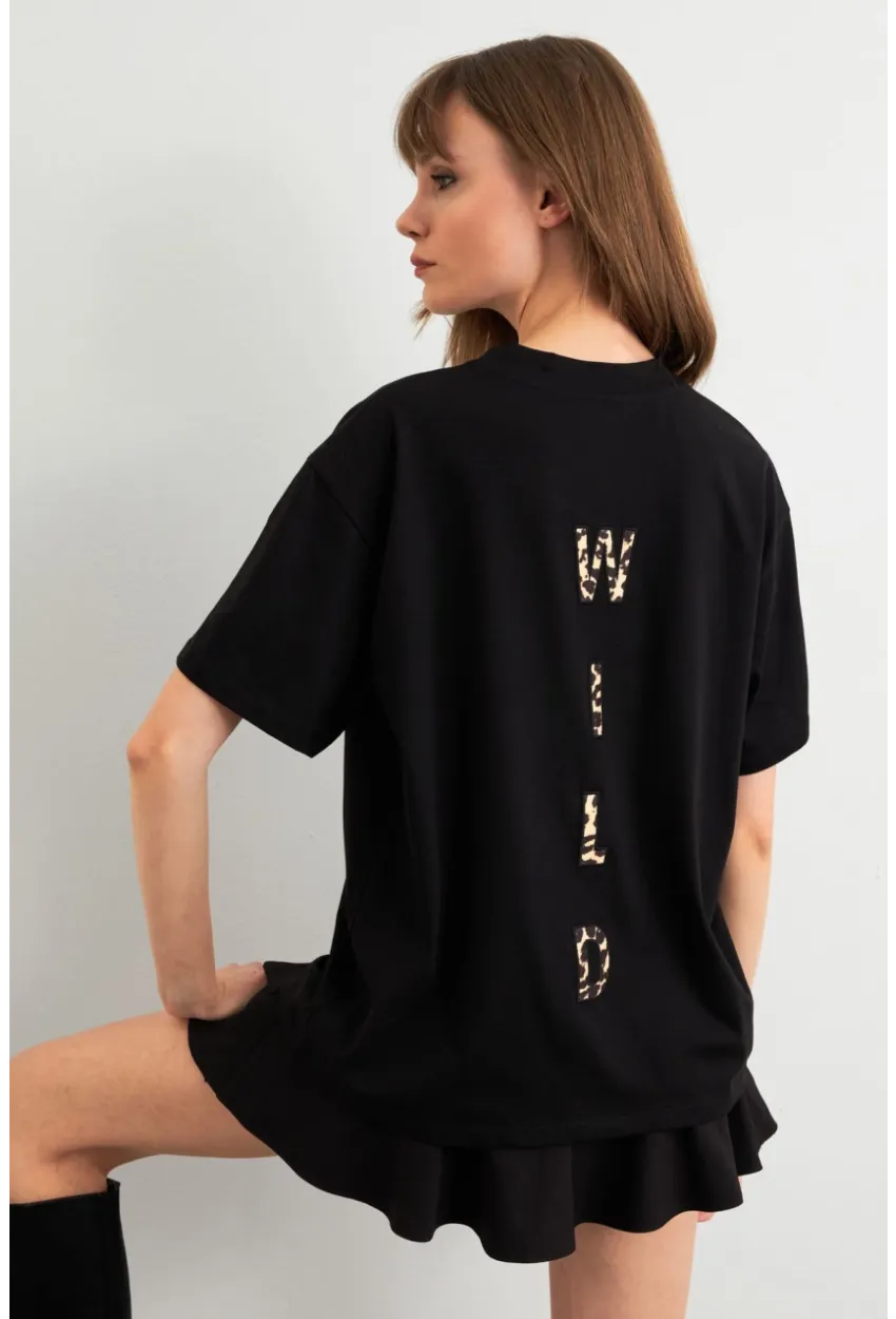 Kadın Siyah Leopar Baskılı T-Shirt RLO110