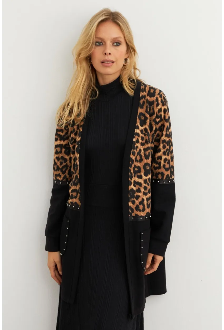 Kadın Siyah Leopar Bloklu Hırka MPK812