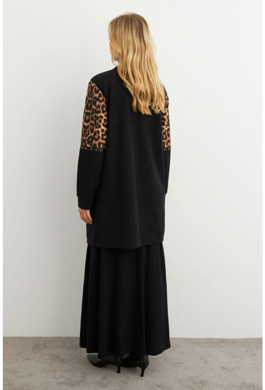 Kadın Siyah Leopar Bloklu Hırka MPK812