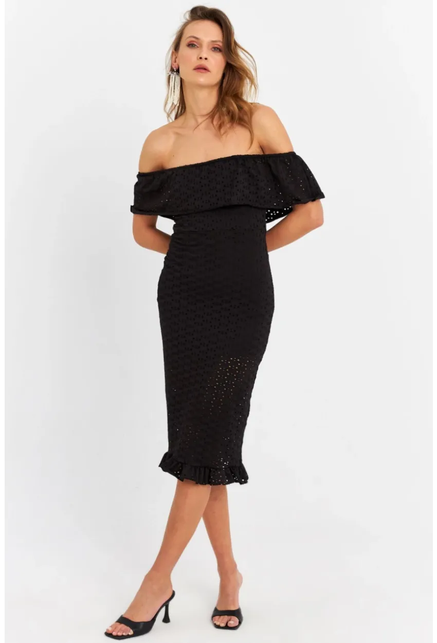 Kadın Siyah Madonna Yaka Astarlı Midi Elbise LİT105