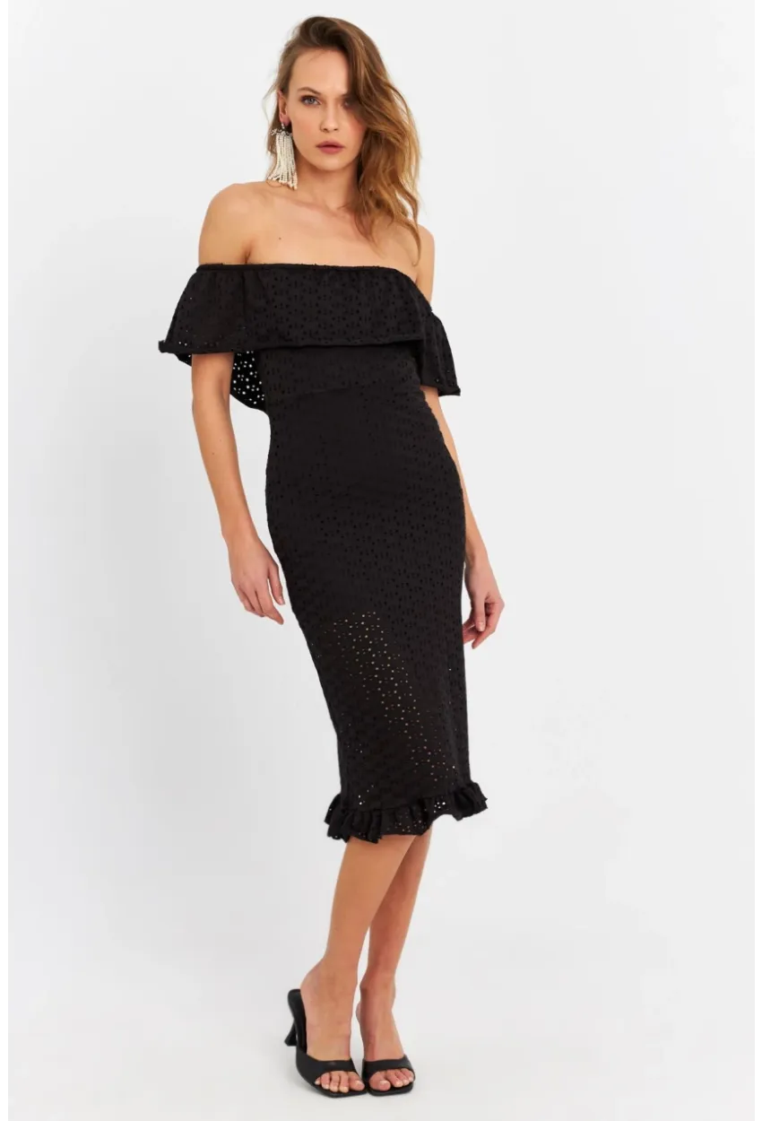 Kadın Siyah Madonna Yaka Astarlı Midi Elbise LİT105-90