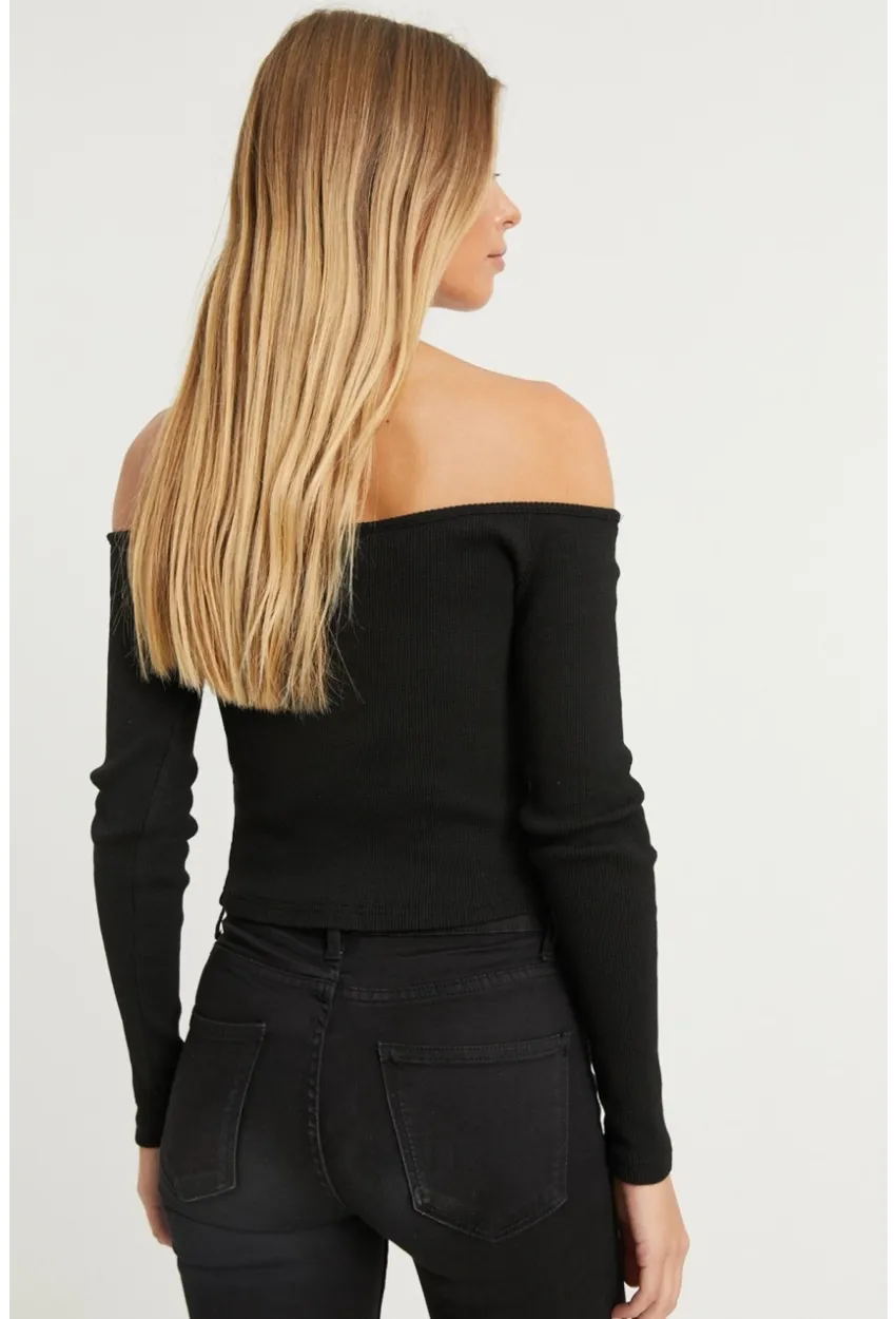 Kadın Siyah Madonna Yaka Fermuarlı Kaşkorse Bluz B1402
