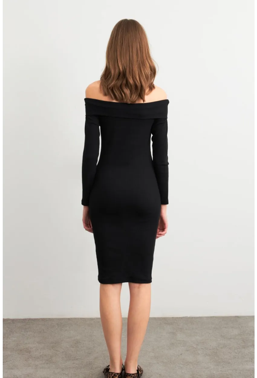 Kadın Siyah Madonna Yaka Kaşkorse Midi Elbise ALB3690