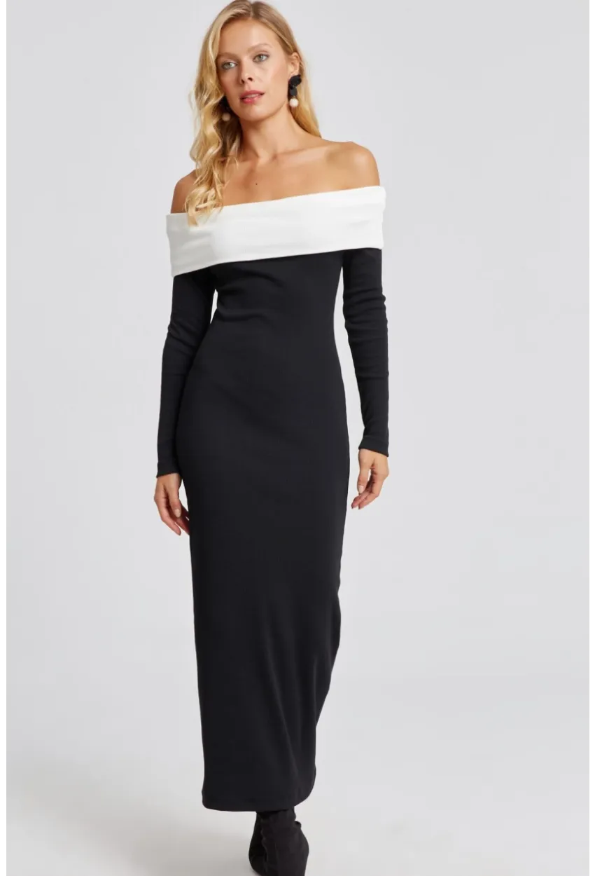 Kadın Siyah Madonna Yaka Maxi Elbise EY2696