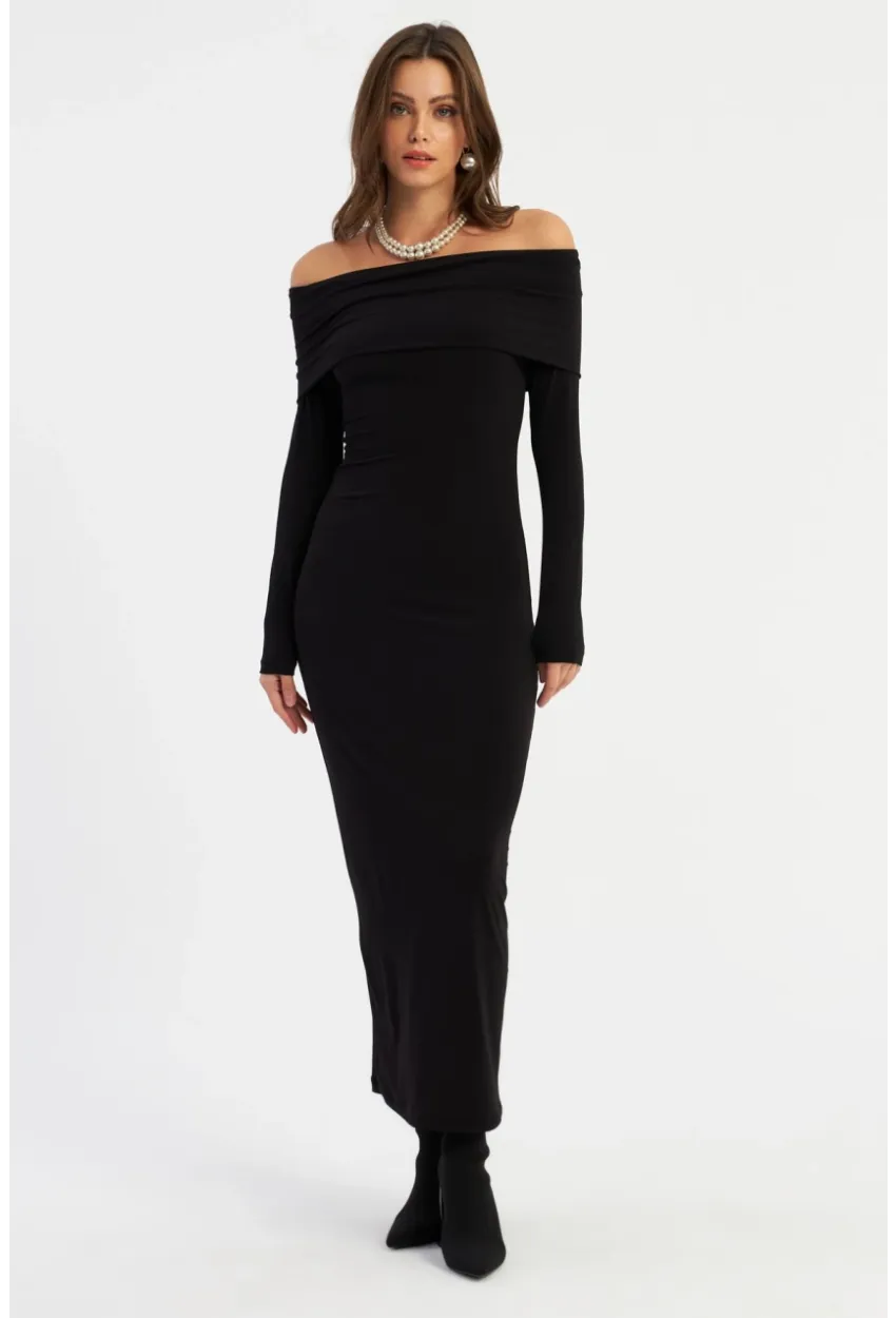 Kadın Siyah Madonna Yaka Maxi Elbise LİK10