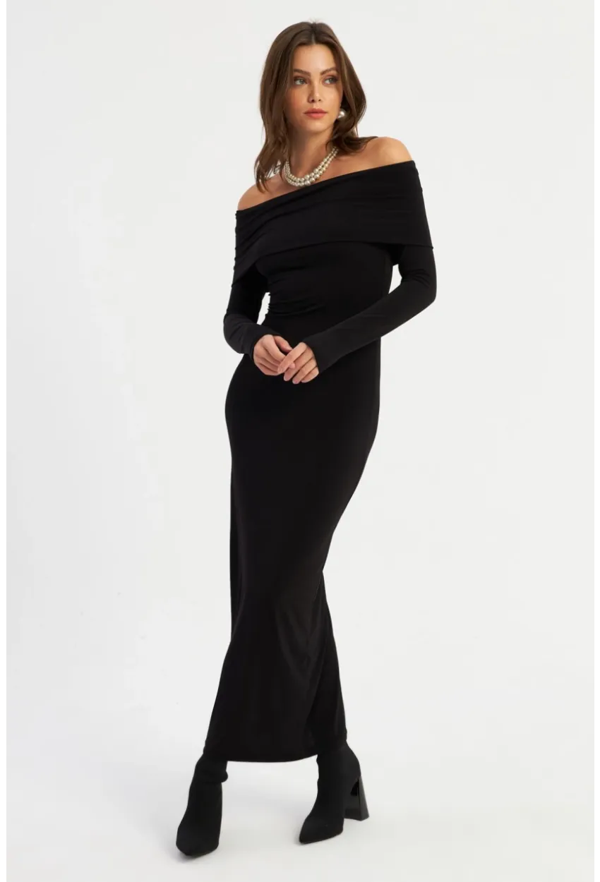 Kadın Siyah Madonna Yaka Maxi Elbise LİK10