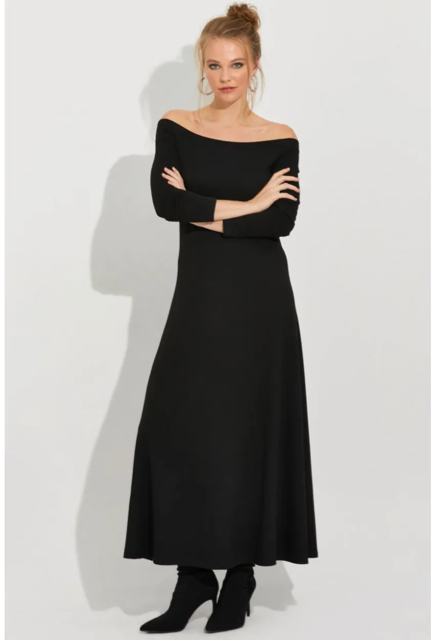 Kadın Siyah Madonna Yaka Midi Elbise BK272076