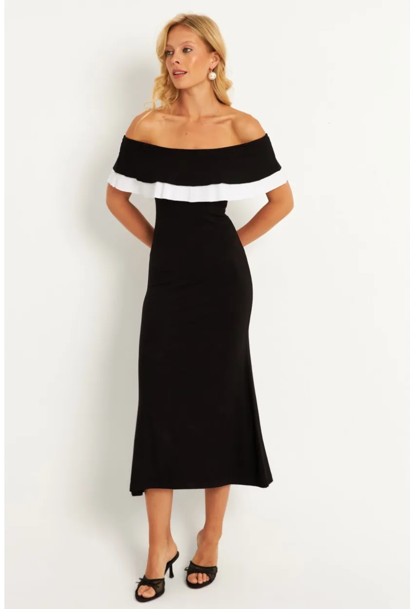 Kadın Siyah Madonna Yaka Midi Elbise EY2840