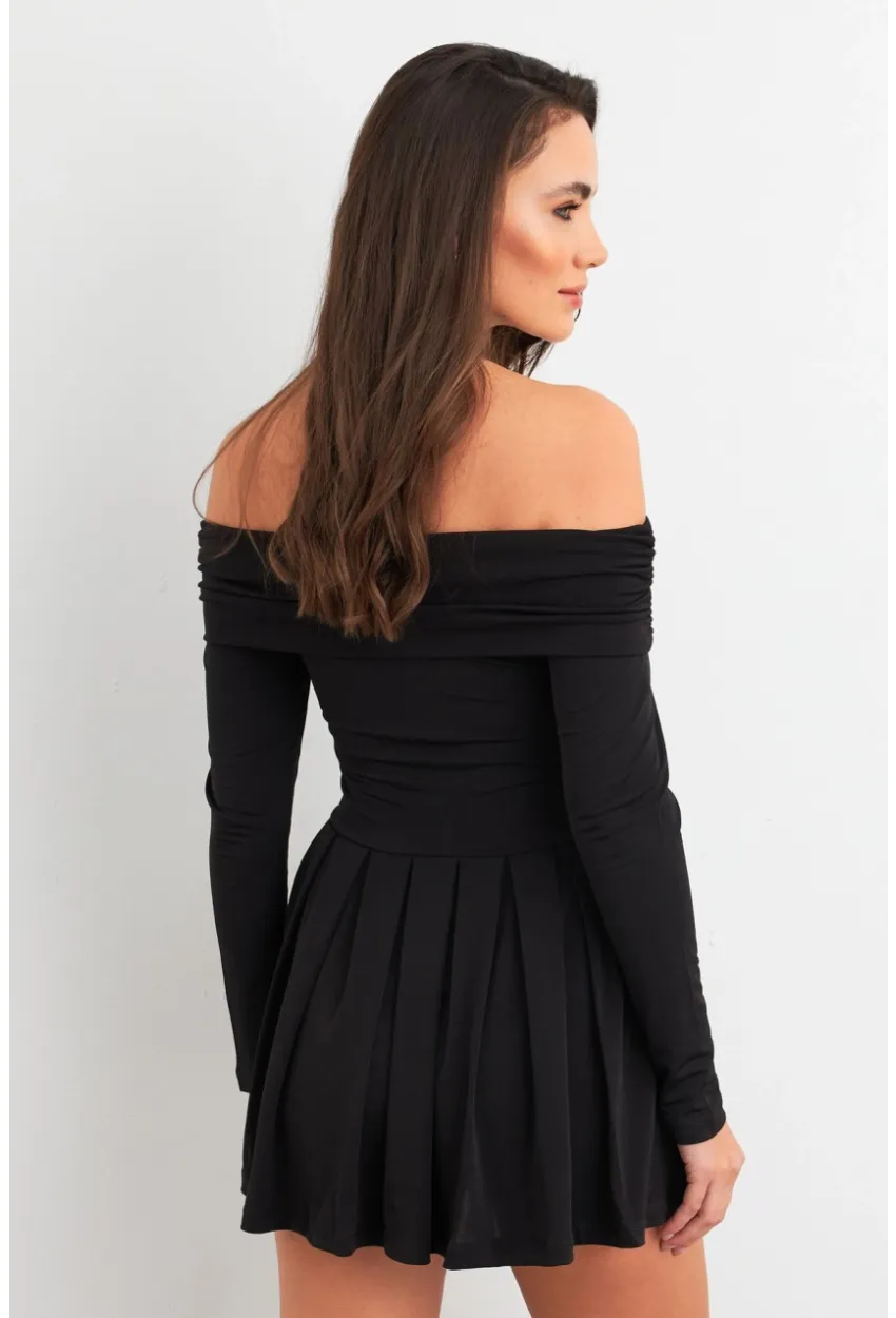 Kadın Siyah Madonna Yaka Midi Elbise MON1262