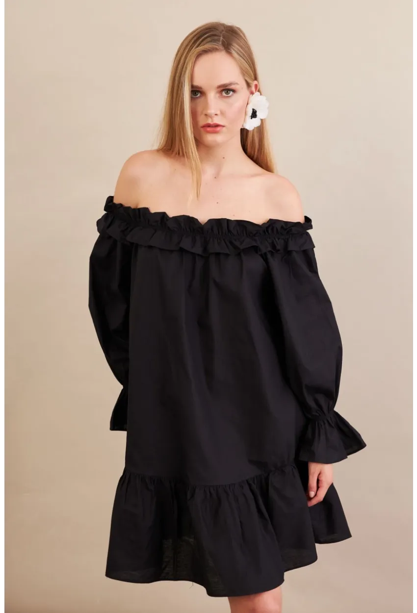 Kadın Siyah Madonna Yaka Midi Elbise PSG1012