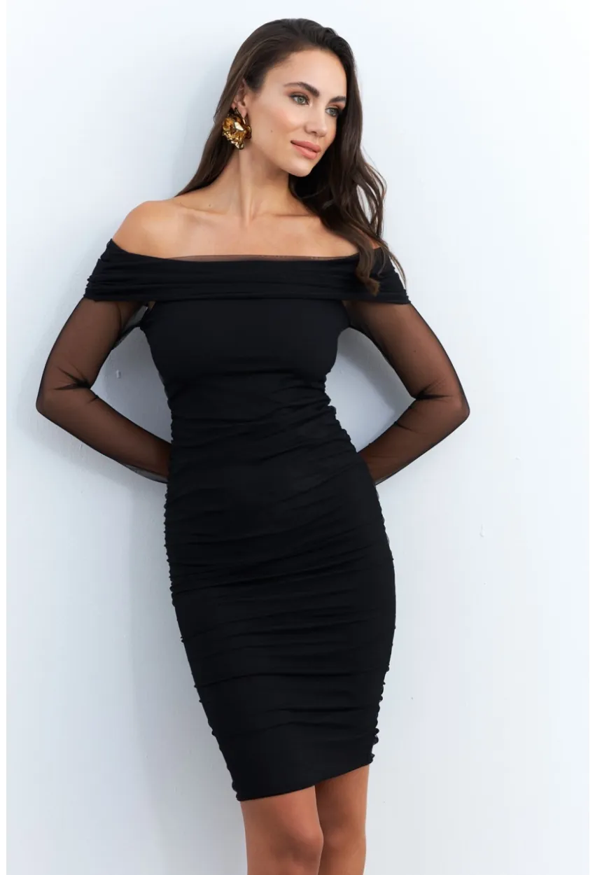 Kadın Siyah Madonna Yaka Midi Tül Yılbaşı Elbise ELT4033