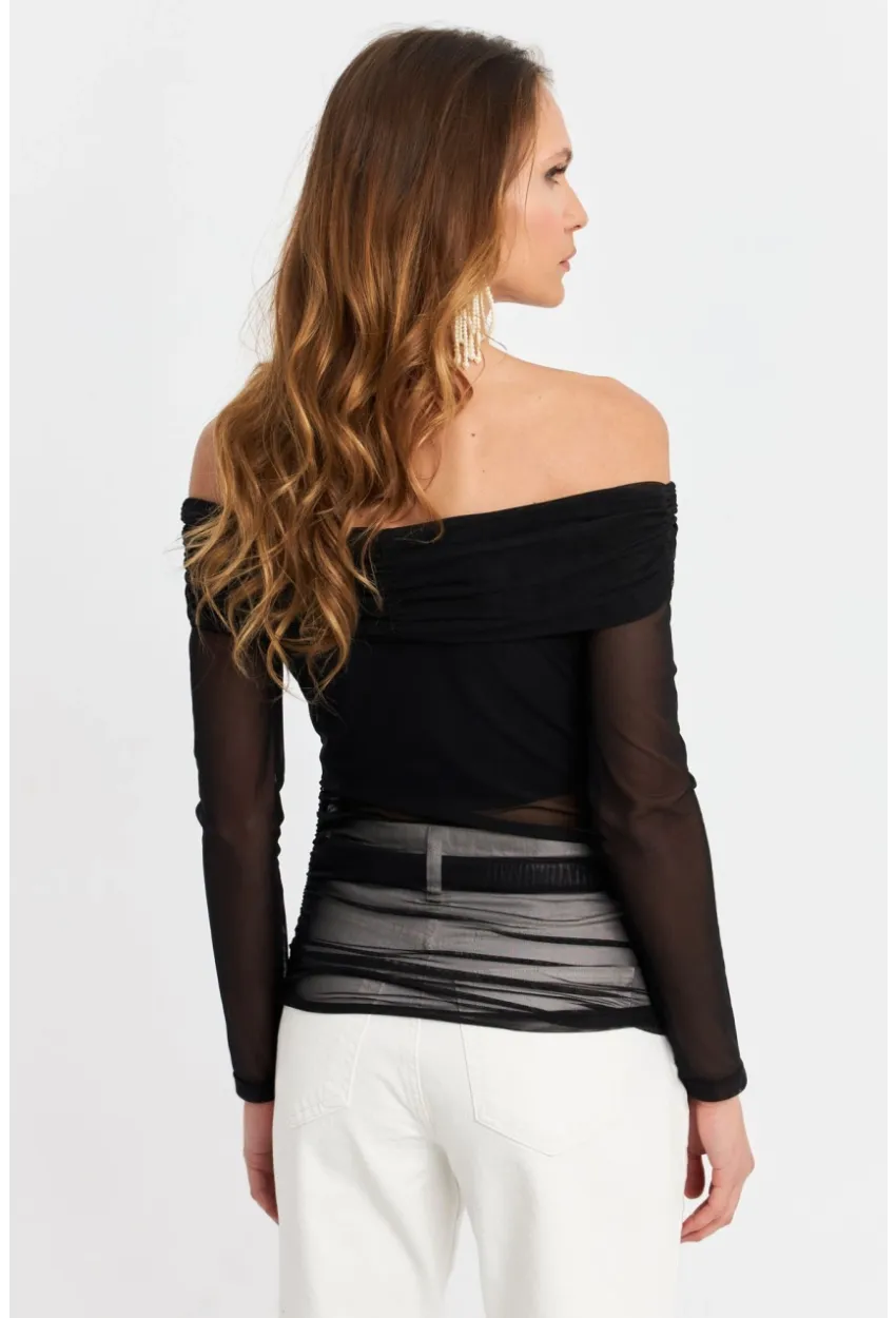 Kadın Siyah Madonna Yaka Tül Bluz MTK13241