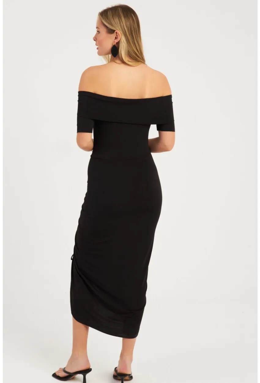 Kadın Siyah Madonya Yaka Büzgülü Midi Elbise YZ1025