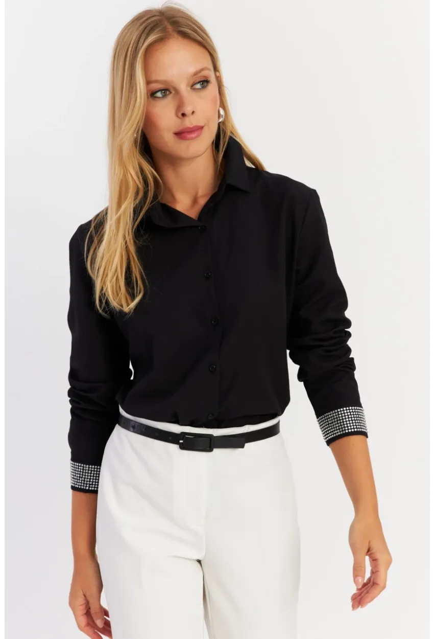 Kadın Siyah Manşeti Taşlı Gömlek ZER415