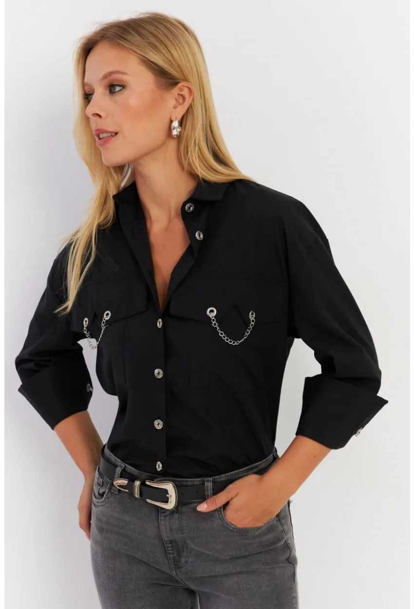 Kadın Siyah Metal Detaylı Gömlek ASF13