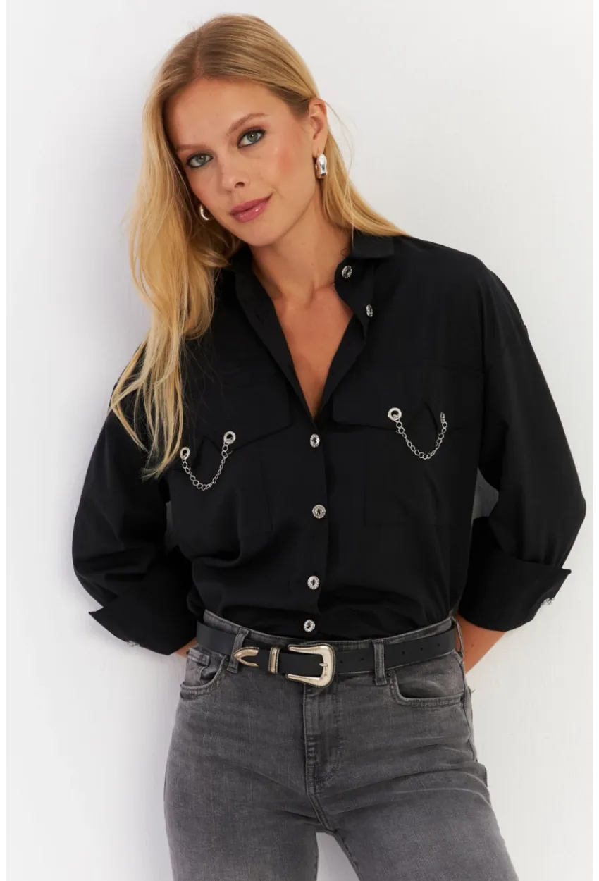Kadın Siyah Metal Detaylı Gömlek ASF13