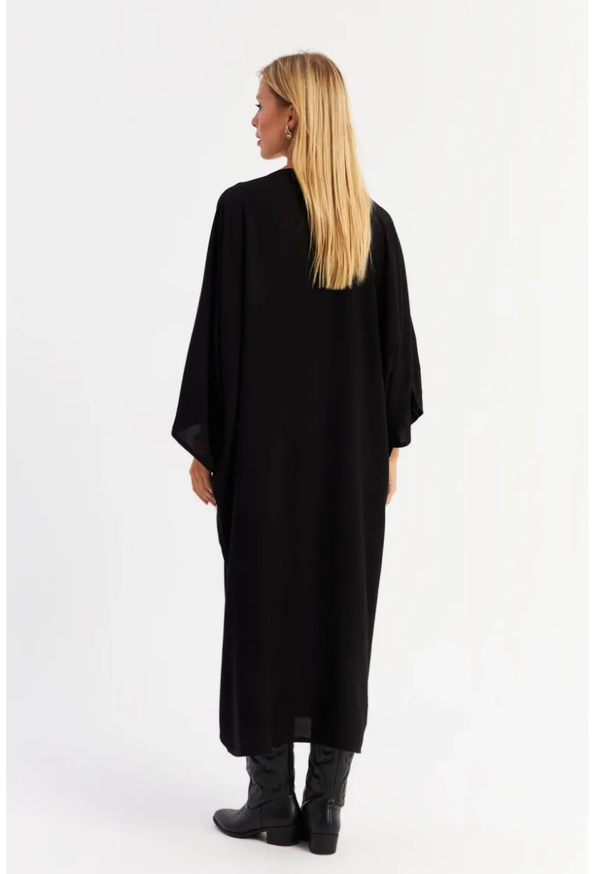 Kadın Siyah Nakışlı Cepli Maxi Elbise ALO13