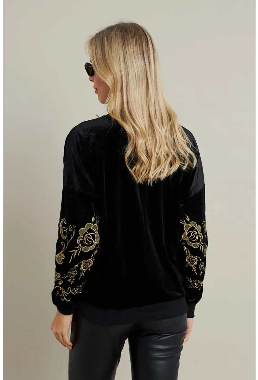 Kadın Siyah Nakışlı Kadife Sweatshirt MQS1229